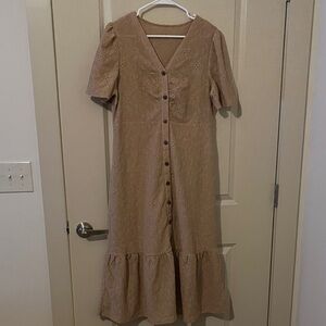 Eyelet Tan Button-Down light flouncy cottagecore Dress